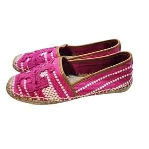 Tory Burch Pink Espadrille Flats Sz‎ 7.5 White Woven Slip-On Shoes Women' #379